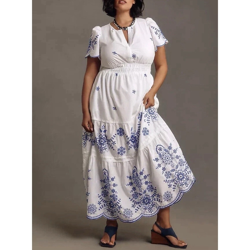 Anthropologie The Somerset Maxi Dress Womens Embroidered Eyelet Large Blue White - Picture 2 of 9